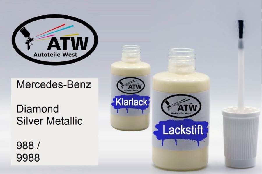 Mercedes-Benz, Diamond Silver Metallic, 988 / 9988: 20ml Lackstift + 20ml Klarlack - Set, von ATW Autoteile West.